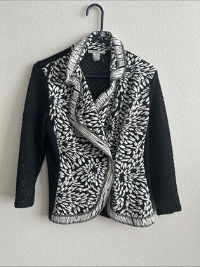 Black & White Floral Shawl-Collar Cardigan Sweater